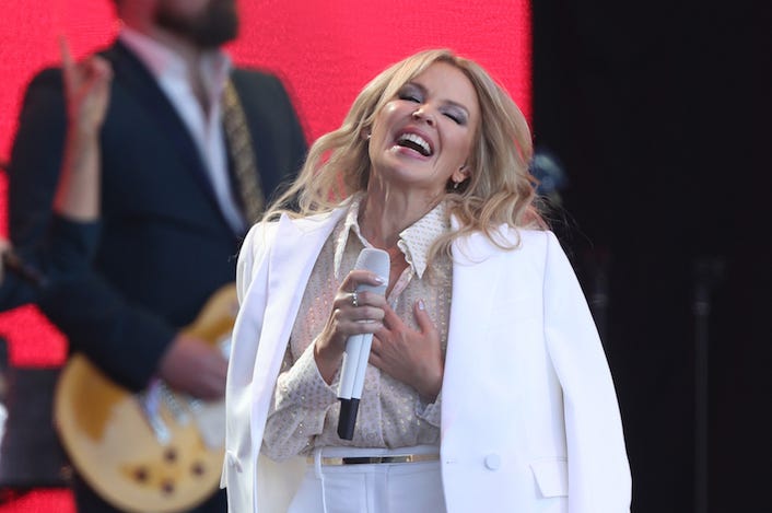 Kylie Minogue, Glastonbury, Concert, Performing, Smiling, 2019 Kylie Minogue, Glastonbury, Concert, Performing, Smiling, 2019