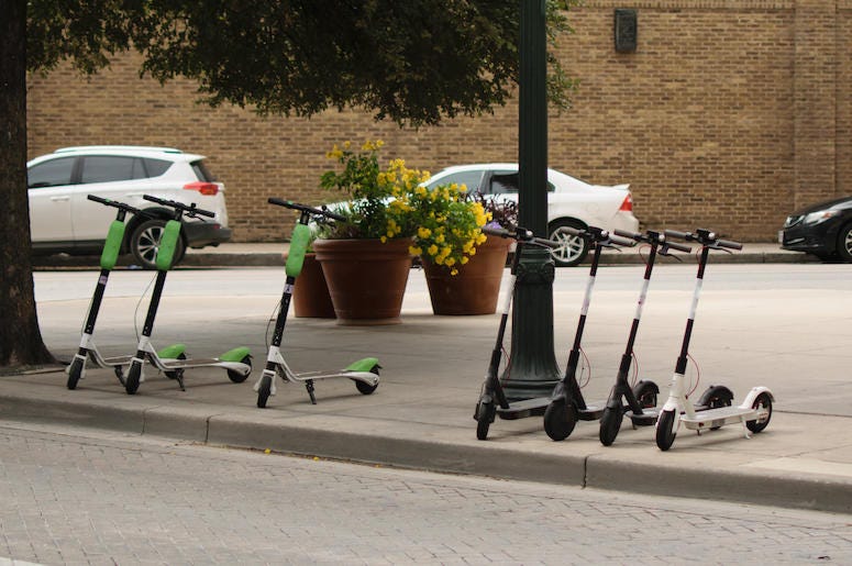 Dockless, Electronic Scooters, Parked, Street, Downtown Dockless, Electronic Scooters, Parked, Street, Downtown