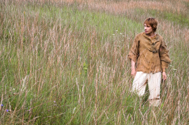 Young Man, Medieval Peasant, Walking, Field, Grass Young Man, Medieval Peasant, Walking, Field, Grass