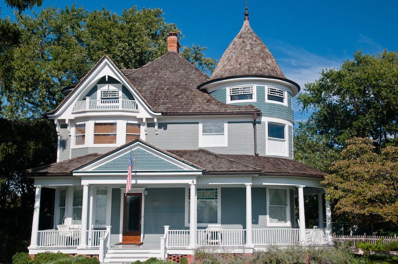 Victorian Home, House, Porch, American Flag, Garden Victorian Home, House, Porch, American Flag, Garden