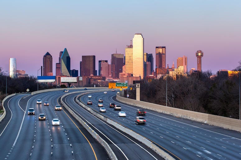 Downtown Dallas, Skyline. Evening, Highway, Driving, Traffic Downtown Dallas, Skyline. Evening, Highway, Driving, Traffic