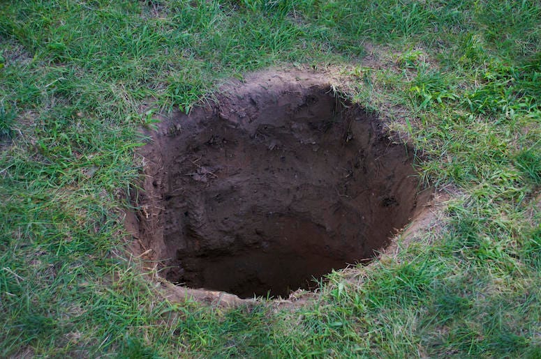 Deep Hole, Dirt, Mud, Lawn, Grass, Yard Deep Hole, Dirt, Mud, Lawn, Grass, Yard