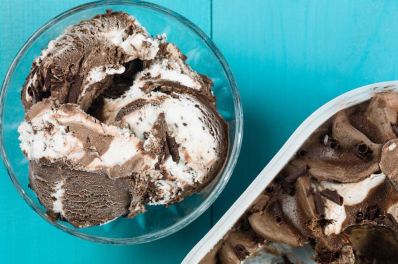 Ice Cream, Chocolate, Vanilla, Bowl, Carton, Spoon, Scoop, Blue Background Ice Cream, Chocolate, Vanilla, Bowl, Carton, Spoon, Scoop, Blue Background