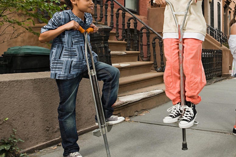 Boys, Pogo Sticks, Bouncing, Sidewalk, City, Downtown, Village Boys, Pogo Sticks, Bouncing, Sidewalk, City, Downtown, Village