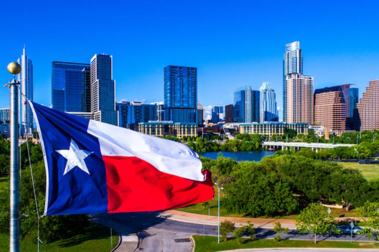 Texas, Flag, Waving, Wind, Austin, Skyline, Blue Sky, Cityscape, Downtown Texas, Flag, Waving, Wind, Austin, Skyline, Blue Sky, Cityscape, Downtown