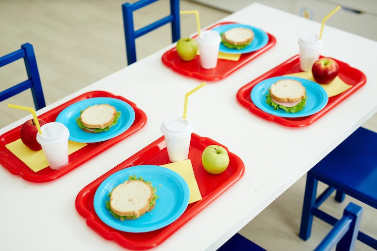 School Lunch, Table, Sandwiches, Apple, Drink School Lunch, Table, Sandwiches, Apple, Drink