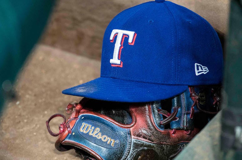 Texas Rangers, Hat, Wilson Glove, Baseball, Dugout, Dirty Texas Rangers, Hat, Wilson Glove, Baseball, Dugout, Dirty