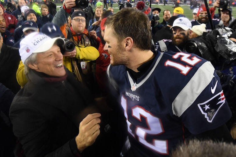 Jon Bon Jovi, Tom Brady, New England Patriots, AFC Championship, 2017 Jon Bon Jovi, Tom Brady, New England Patriots, AFC Championship, 2017
