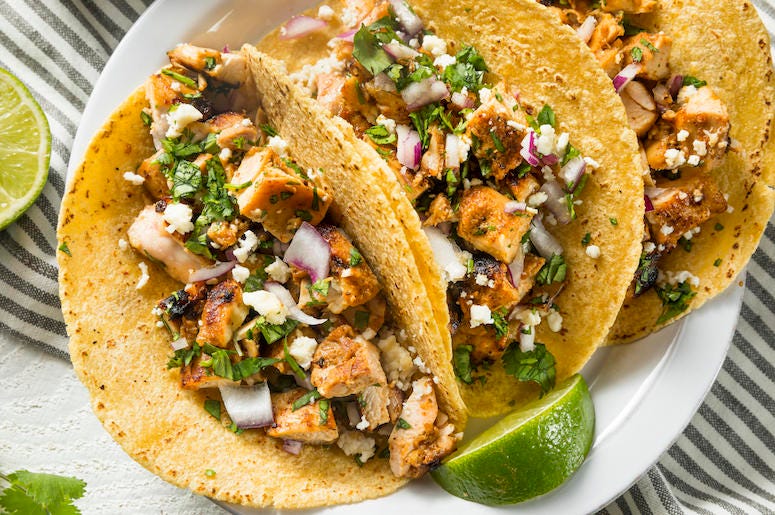 Homemade, Tacos, Chicken, Onion, Cilantro, Cheese Homemade, Tacos, Chicken, Onion, Cilantro, Cheese