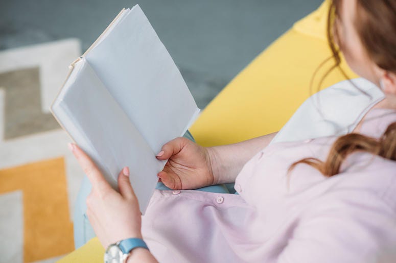 Woman, Reading, Book, Pink Shirt, Couch Woman, Reading, Book, Pink Shirt, Couch