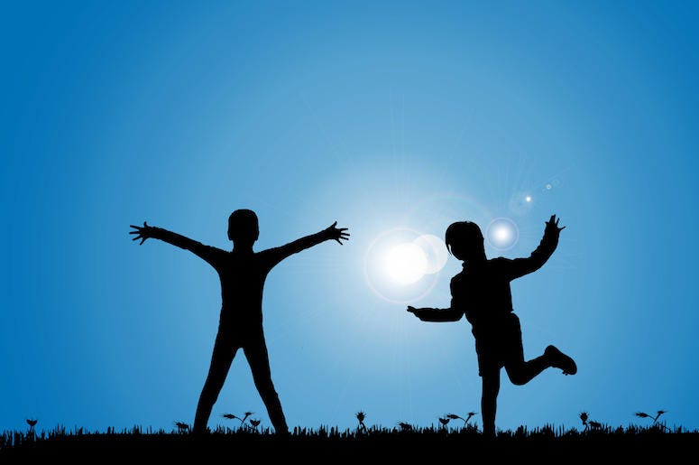 Siblings, Playing, Meadow, Blue Sky, Silhouette Siblings, Playing, Meadow, Blue Sky, Silhouette