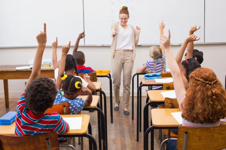 Teacher, Students, Hands Raised, Classroom, Math Class, School Teacher, Students, Hands Raised, Classroom, Math Class, School