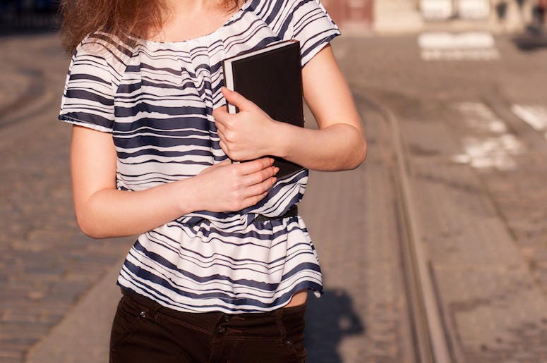 Woman, Carrying Book, Walking, Street, Morning Woman, Carrying Book, Walking, Street, Morning
