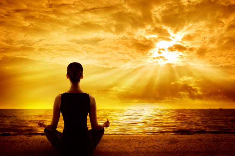 Meditation Yoga Meditating Sunrise, Woman Mindfulness Meditation on Beach