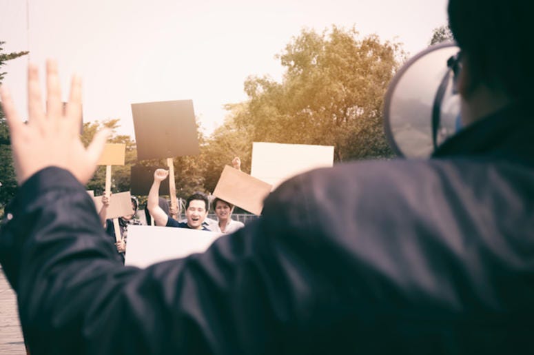 Protestors, Picket Signs, Police, Megaphone Protestors, Picket Signs, Police, Megaphone