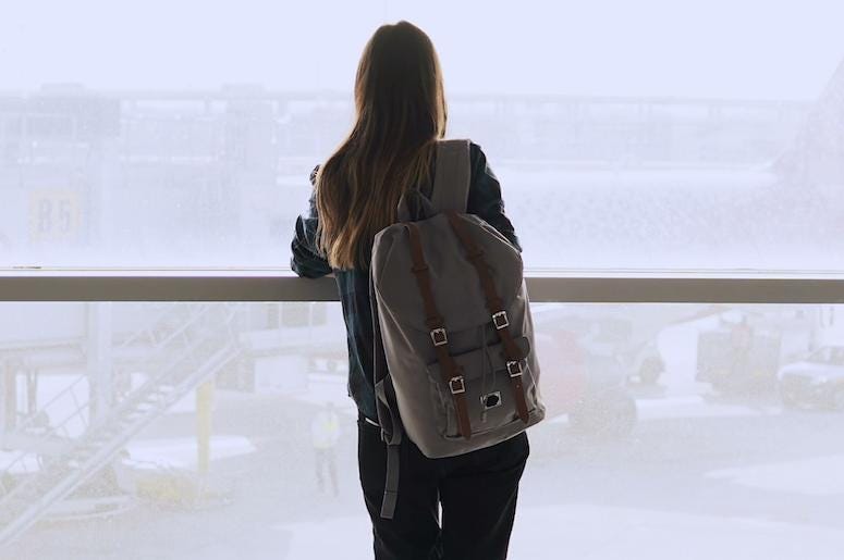 Woman, Backpack, Standing, Airport, Terminal, Window Woman, Backpack, Standing, Airport, Terminal, Window