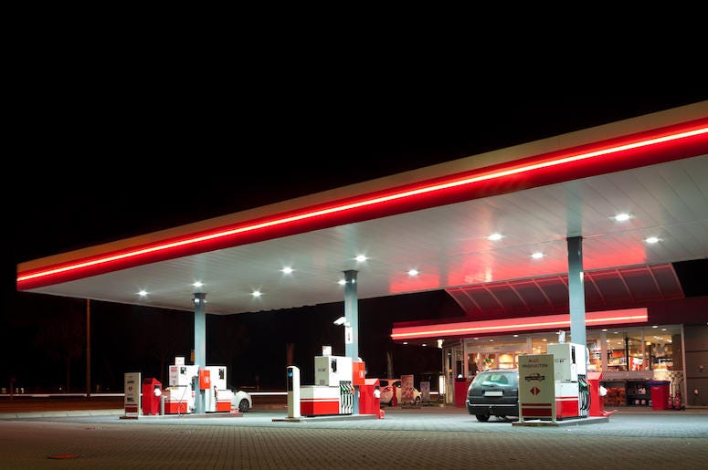 Gas Station, Pumps, Clean, Night, Neon Gas Station, Pumps, Clean, Night, Neon