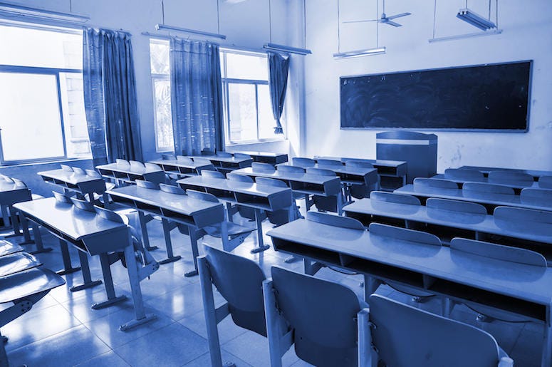 Empty, Classroom, Desk, Chairs, Blue Tones Empty, Classroom, Desk, Chairs, Blue Tones