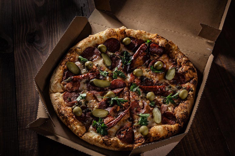 Pizza, Delivery, Box, Wooden Table Pizza, Delivery, Box, Wooden Table