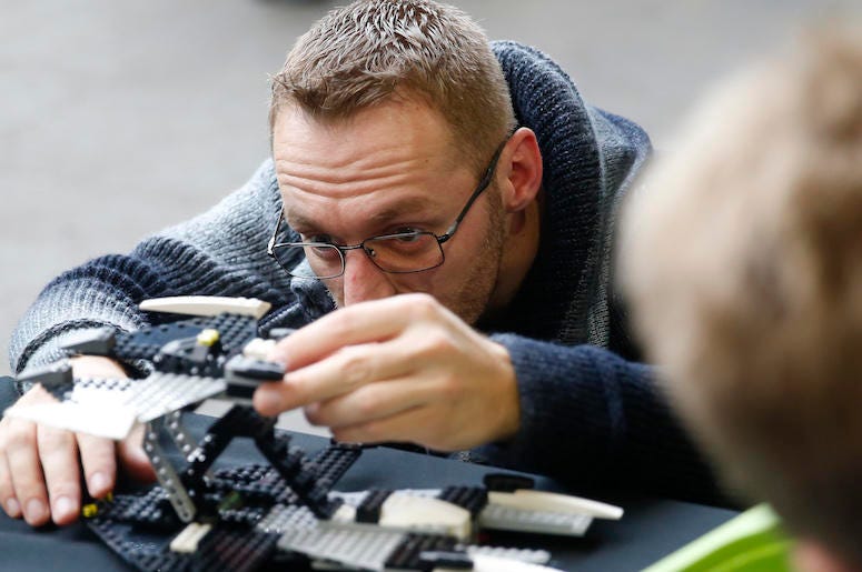 Man, Playing, Legos, Son, Watching, 2017 Man, Playing, Legos, Son, Watching, 2017