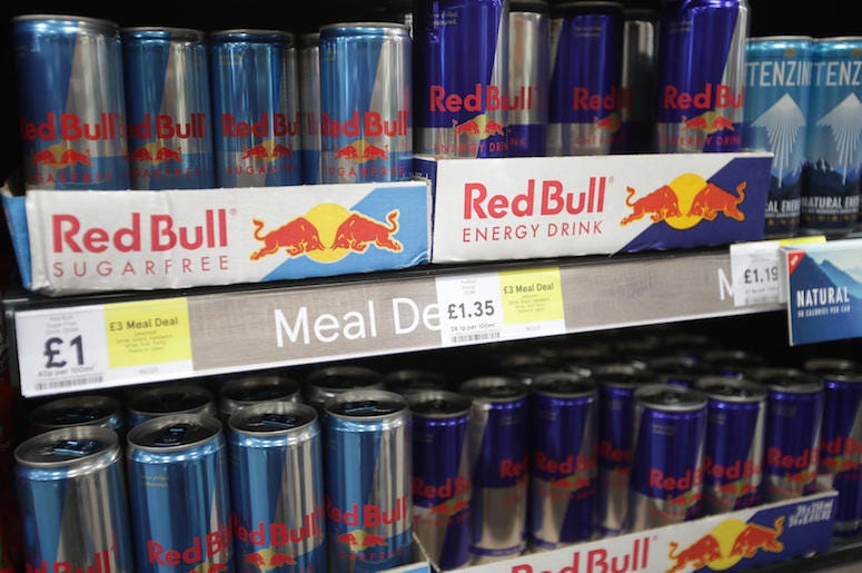 Red Bull, Cans, Shelves, Grocery Store, 2018 Red Bull, Cans, Shelves, Grocery Store, 2018