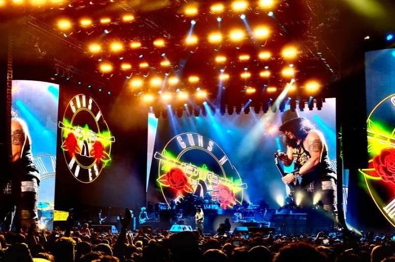 Music fans watch the Guns N' Roses performance onstage during day 2 of the 2016 Coachella Valley Music & Arts Festival Music fans watch the Guns N' Roses performance onstage during day 2 of the 2016 Coachella Valley Music & Arts Festival