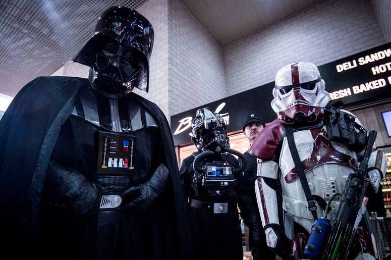 Darth Vader and Stormtroopers 5/26/2017 - EDITORIAL USE ONLY People dressed as Darth Vader and Stormtroopers during the MCM London Comic Con at ExCel London. (Photo by PA Images/Sipa USA) *** US Rights Onl
