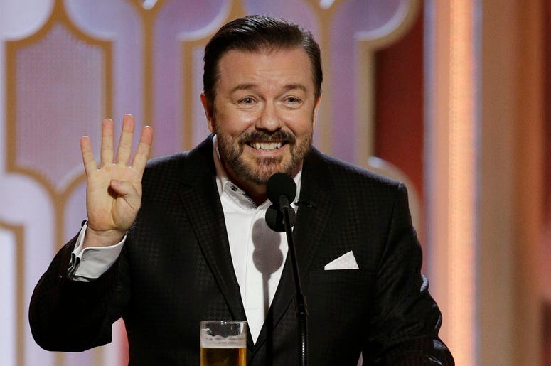 Ricky Gervais BEVERLY HILLS, CA - JANUARY 10: In this handout photo provided by NBCUniversal, Host Ricky Gervais speaks onstage during the 73rd Annual Golden Globe Awards at The Beverly Hilton Hotel on January 10, 2016 in Beverly Hills, California. (Photo by Paul Drink