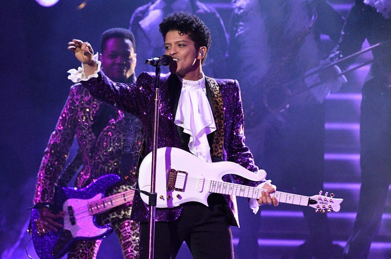 Bruno Mars Tribute to Prince Feb 12, 2017; Los Angeles, CA, USA; Bruno Mars performs during a Prince tribute during the 59th Annual Grammy Awards at Staples Center. Mandatory Credit: Robert Hanashiro-USA TODAY NETWORK