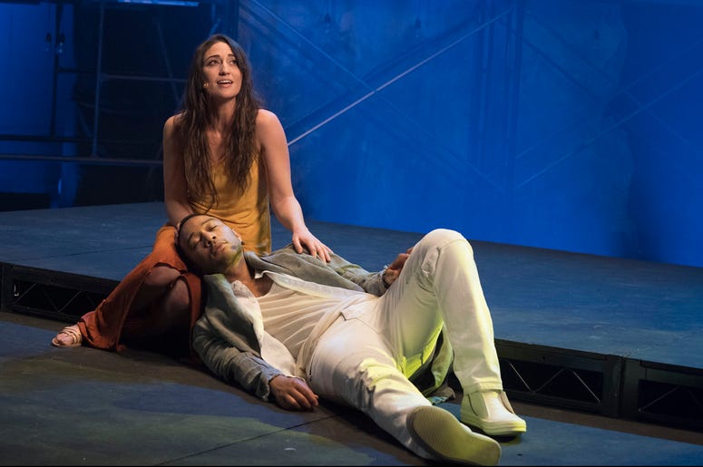 AP18193608536866 This image released by NBC shows, John Legend as Jesus Christ, and Sara Bareilles as Mary Magdalene from the NBC production, "Jesus Christ Superstar Live In Concert." The musical was nominated for an Emmy for outstanding variety special. (Virginia Sherwoo