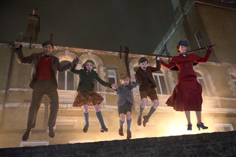 AP18356093460509 This image released by Disney shows, from left, Lin-Manuel Miranda, Pixie Davies, Joel Dawson, Nathanael Saleh and Emily Blunt in "Mary Poppins Returns." (Photo credit: Jay Maidment/Disney via AP)