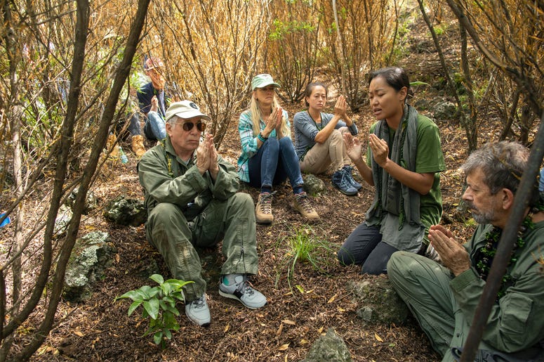 AP19231071522801 In this Friday, Aug. 16, 2019 photo, musician Paul Simon, left, joins in a prayer lead by Aimee Sato, second from right, prior to the planting of a lama tree at Auwahi Forest Reserve on Maui, Hawaii. (Anna Kim/Honolulu Star-Advertiser via AP)