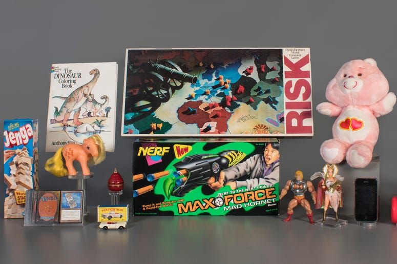 AP19253627360670 In this Aug. 13, 2019 photo provided by the National Toy Hall of Fame are the 2019 finalists, from left to right, Jenga, Magic the Gathering, My Little Pony, Coloring Book, Matchbox Cars, Top, Nerf Blaster, Risk, Masters of the Universe, Care Bears, Smart