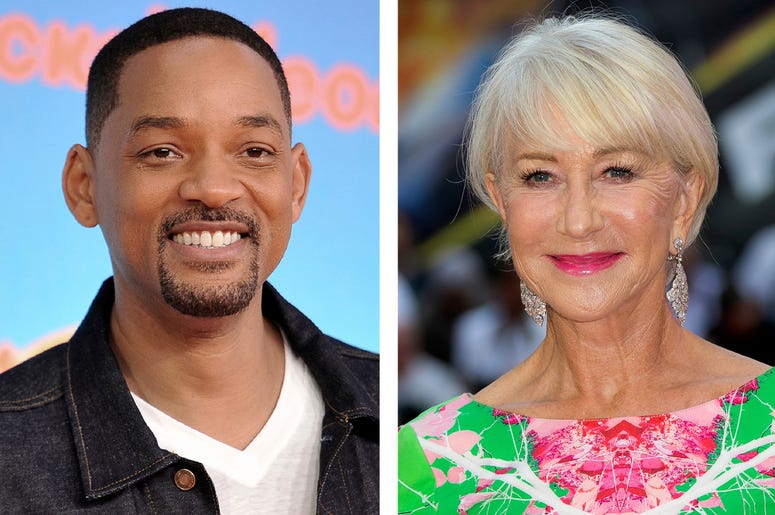 AP19259812945635 This combination photo shows Will Smith at the Nickelodeon Kids' Choice Awards in Los Angeles on March 23, 2019, left, and Helen Mirren at a special screening of "Fast & Furious: Hobbs & Shaw," in London on July 23, 2019. (AP Photo)