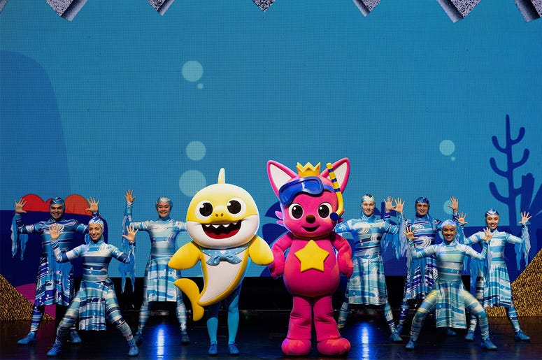 AP19323580604213 This Oct. 2, 2019 photo released by Baby Shark Live! shows the cast of the Baby Shark Live! tour which is launching a new set of concert dates after recently wrapping up dozens of performances in its first run in North America. The second leg of the tour