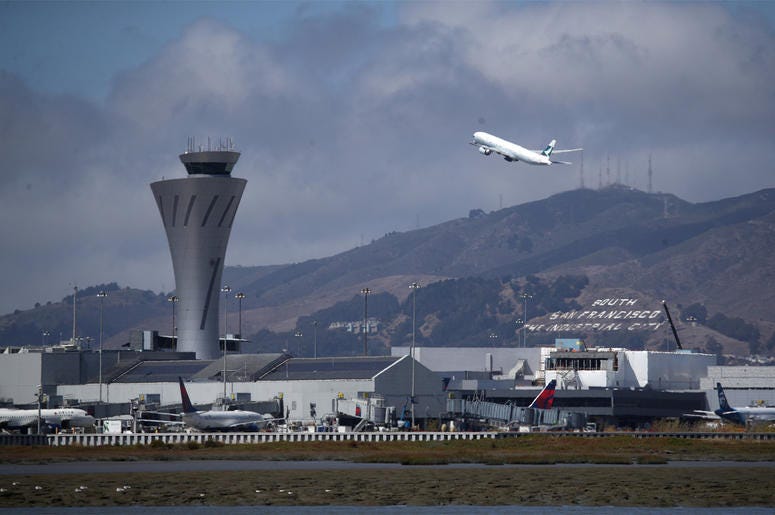 San Francisco International Airport SAN FRANCISCO, CALIFORNIA - SEPTEMBER 09: A plane takes off from San Francisco International Airport on September 09, 2019 in San Francisco, California. Hundreds of departing and arriving flights at San Francisco International Airport have been cancelled