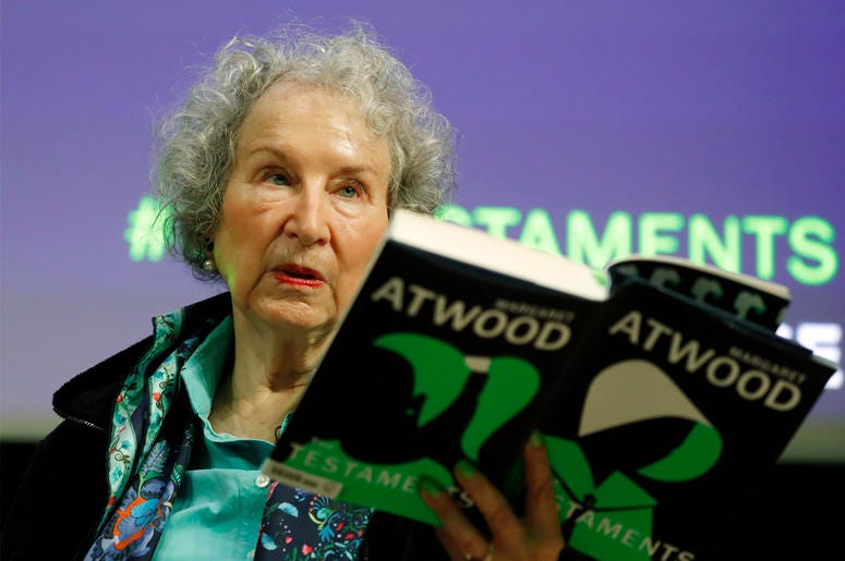 AP19253350282186 Canadian author Margaret Atwood speaks during a press conference at the British Library to launch her new book 'The Testaments' in London, Tuesday, Sept. 10, 2019. (AP Photo/Alastair Grant)