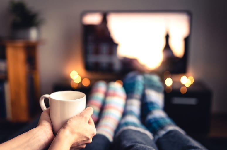 Couple, Couch, Mug, Socks, Television, Christmas Movies, Christmas Couple, Couch, Mug, Socks, Television, Christmas Movies, Christmas