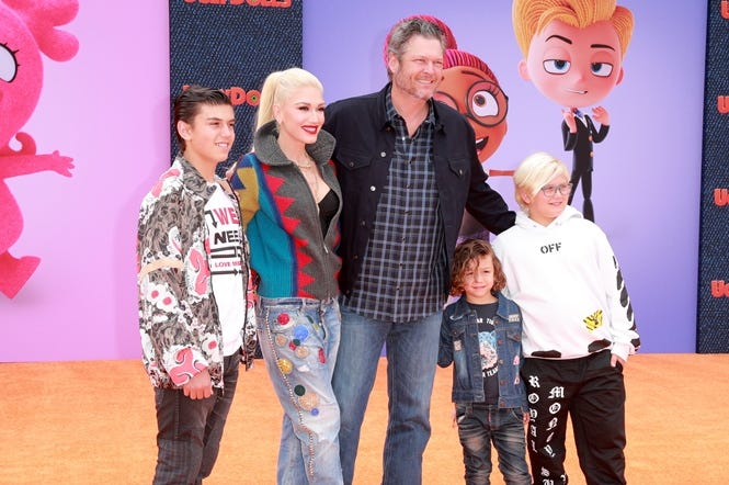 LOS ANGELES, CALIFORNIA - APRIL 27: (L-R) Kingston Rossdale, Gwen Stefani, Blake Shelton, Apollo Bowie Flynn Rossdale, and Zuma Nesta Rock Rossdale attend STX Films World Premiere of "UglyDolls" at Regal Cinemas L.A. Live on April 27, 2019 in Los Angeles, LOS ANGELES, CALIFORNIA - APRIL 27: (L-R) Kingston Rossdale, Gwen Stefani, Blake Shelton, Apollo Bowie Flynn Rossdale, and Zuma Nesta Rock Rossdale attend STX Films World Premiere of "UglyDolls" at Regal Cinemas L.A. Live on April 27, 2019 in Los Angeles,