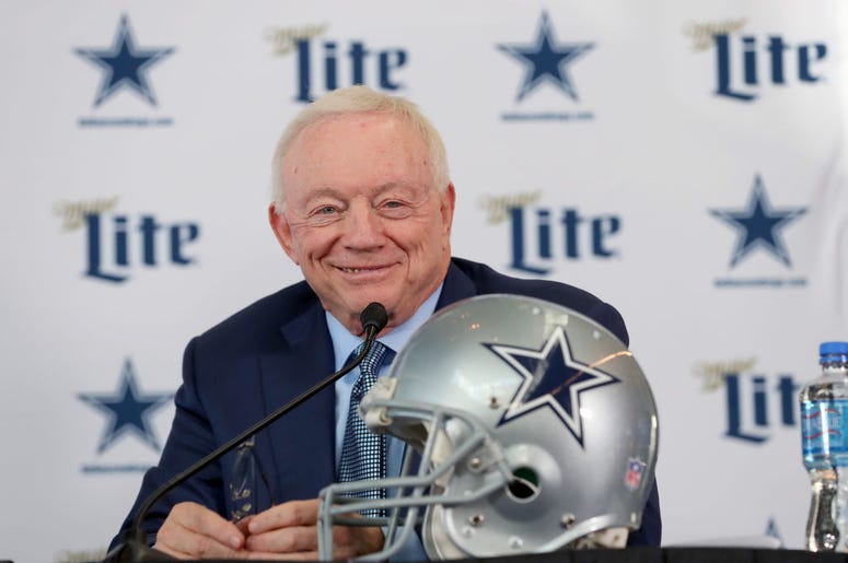 (Tom Pennington/Getty Images) Team owner Jerry Jones of the Dallas Cowboys talks with the media during a press conference at the Ford Center at The Star on January 08, 2020 in Frisco, Texas.