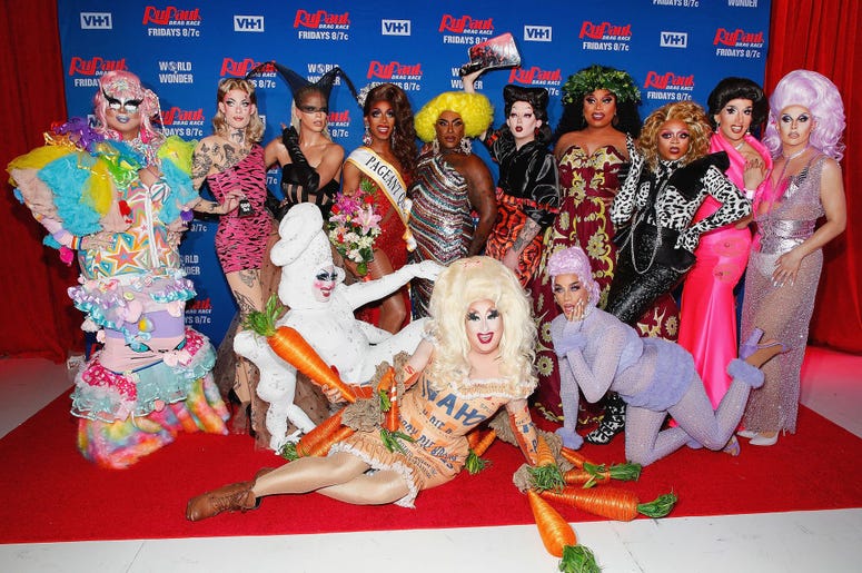 (Astrid Stawiarz/ Getty Images) (L-R) Rock M. Sakura, Gigi Goode, Nicky Doll, Crystal Methyd, Jaida Essence Hall, Sherry Pie, Widow Von'Du, Aiden Zhane, Dahlia Sin, Brita Filter, Heidi N. Closet, Jackie Cox and Jan attend 'RuPaul's Drag Race Season 12' meet the queens