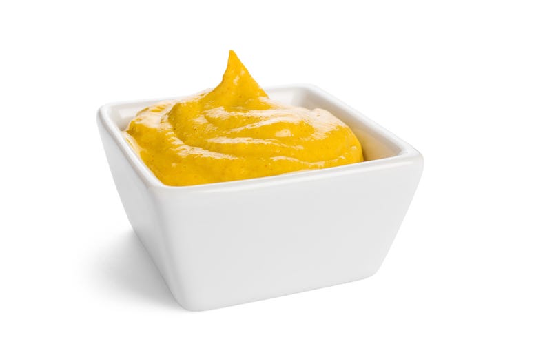 Yellow Mustard, Bowl, Square Dish, White Background, Isolated Yellow Mustard, Bowl, Square Dish, White Background, Isolated