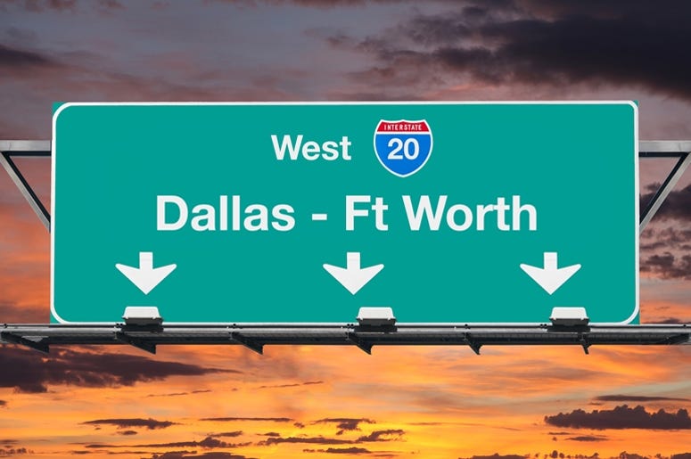 Dallas Ft Worth Interstate 20 west highway sign with sunrise sky. Dallas Ft Worth Interstate 20 west highway sign with sunrise sky.
