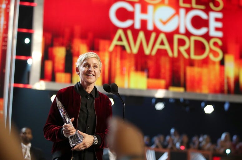 LOS ANGELES, CA - JANUARY 18: TV personality/actress Ellen DeGeneres accepts the awards for Favorite Animated Movie Voice for 'Finding Dory' as Dory, Favorite Daytime TV Host, and Favorite Comedic Collaboration for 'Ellen DeGeneres and Britney Spears' Mal LOS ANGELES, CA - JANUARY 18: TV personality/actress Ellen DeGeneres accepts the awards for Favorite Animated Movie Voice for 'Finding Dory' as Dory, Favorite Daytime TV Host, and Favorite Comedic Collaboration for 'Ellen DeGeneres and Britney Spears' Mal