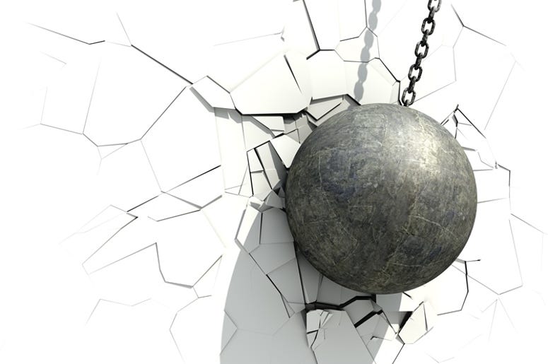Metallic Wrecking Ball Shattering The White Wall. 3D Illustration. Metallic Wrecking Ball Shattering The White Wall. 3D Illustration.