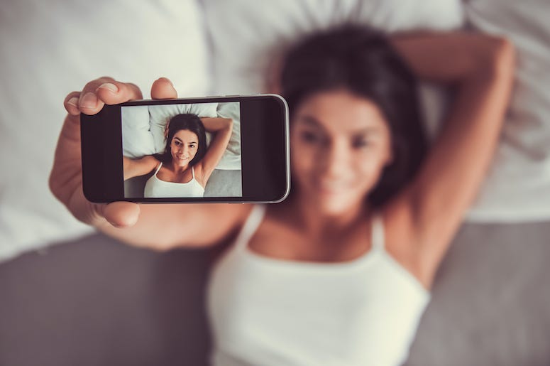 Woman, In Bed, Selfie, Phone, Blurry Woman, In Bed, Selfie, Phone, Blurry