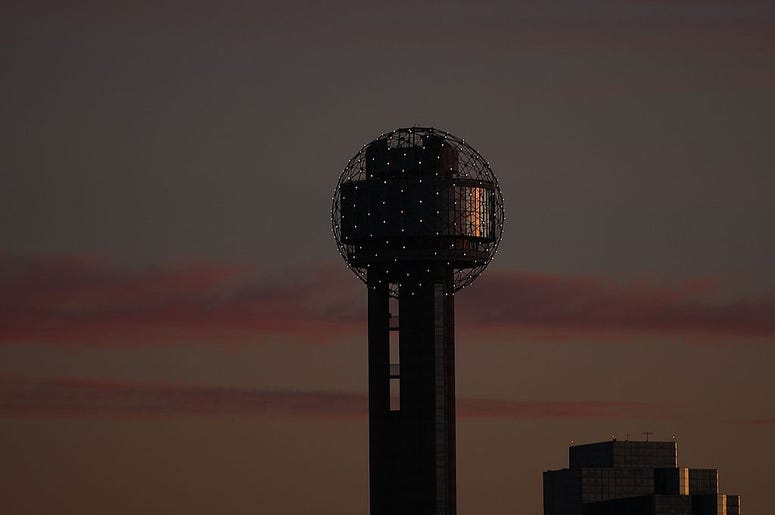 (Ronald Martinez/ Getty Images) The Hyatt Regency Hotel and Reunion Tower at sunset on January 12, 2009 in Dallas, Texas.