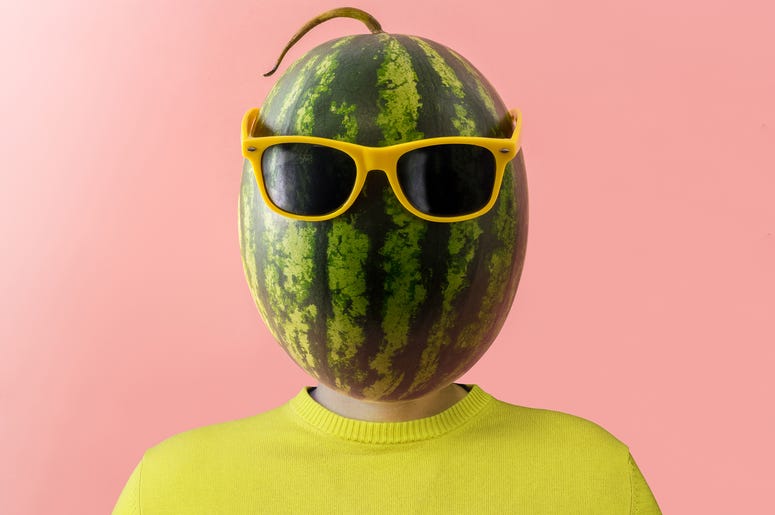 (paopano/ iStock/ Getty Images Plus) A man with a watermelon instead of head. Minimal concept.