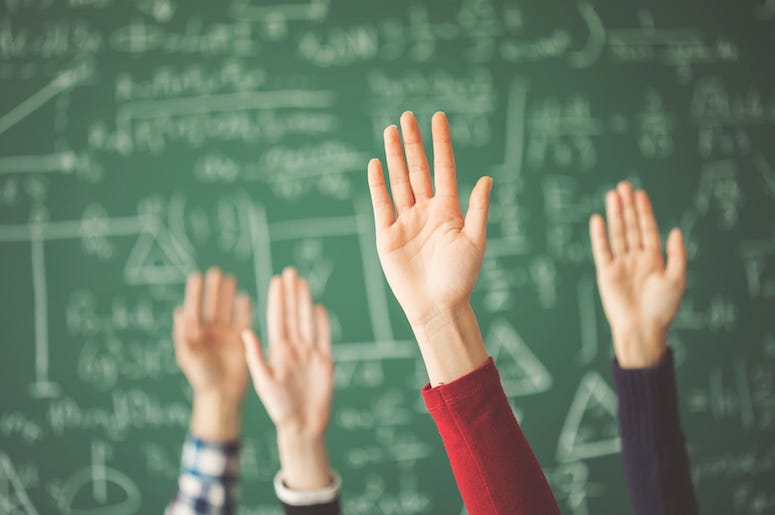 Hands Raised, Chalkboard, School, Math Class, Classroom Hands Raised, Chalkboard, School, Math Class, Classroom