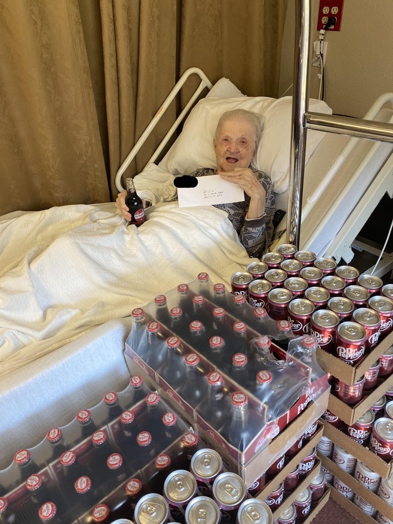 (Photo courtesy of Katie-Rose Watson/ Hillside Medical Lodge) Miss Billie pictured with her free Dr. Pepper at Hillside Medical Lodge